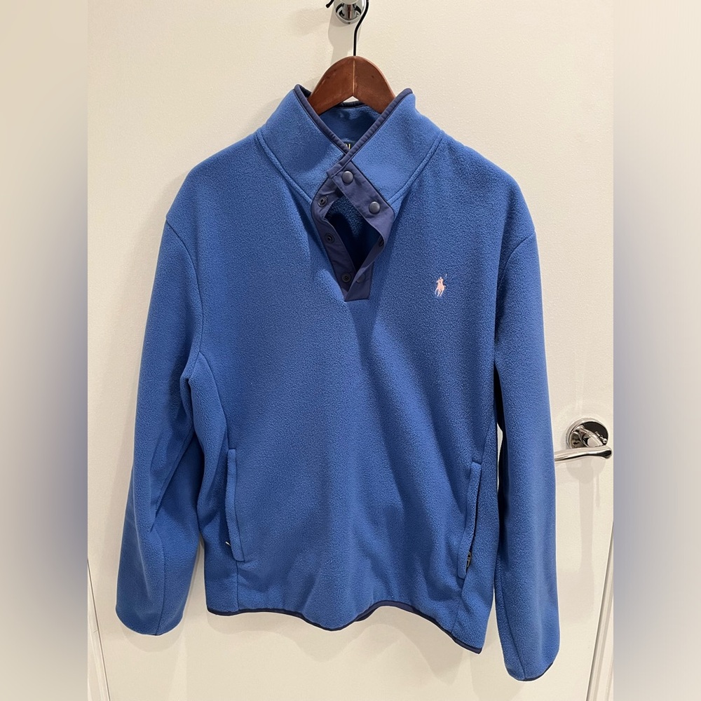 Polo, Fleece Pull over, light blue with pink pony, size medium